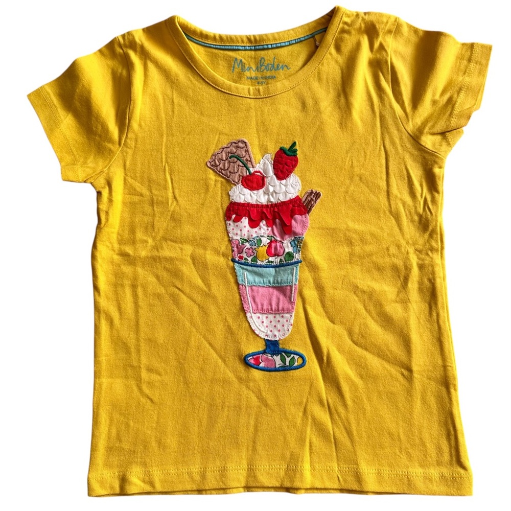 NWT. Mini Boden Sweetcorn Yellow Ice Cream Appliqué Kids’ T-Shirt, Size 4-5y